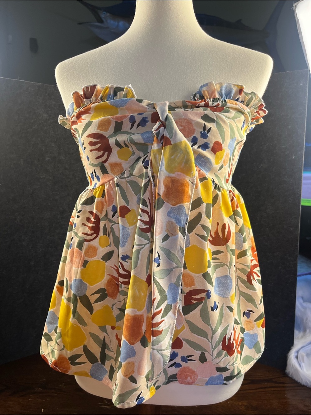 SHEIN NWOT Multicolor Floral Tie-Front Strapless Ruffle Top